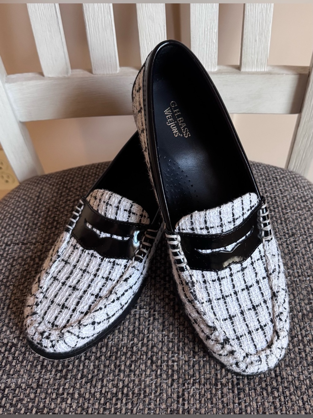 G.H. Bass & Co. Black and White Tweed Penny Loafers 8.5